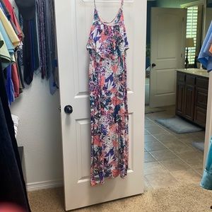 Floral Print Pink & Purple Maxi Dress with Ruffle Bodice